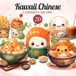 Ensemble de cliparts chinois kawaii, aquarelle, nourriture kawaii, nourriture mignonne, sushi, boulettes de pâte, soupe, service à thé, png transparent, téléchargement immédiat