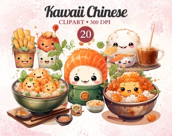 Kawaii Chinese Clipart, Watercolor, Kawaii Food Clipart Set, Cute Food, Sushi, Dumplings, Soup, Tea Set, Transparent Png, Instant Download