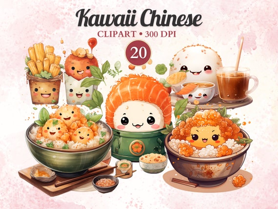 Kawaii Chinese Clipart, Watercolor, Kawaii Food Clipart Set, Cute Food, Sushi, Dumplings, Soup, Tea Set, Transparent Png, Instant Download