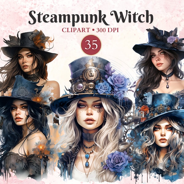 Steampunk Witch Clipart, Witch Clipart, Fairy Tale Clipart, Hocus Pocus Png, Pagan Png, Steampunk Witchcraft, Wiccan Art