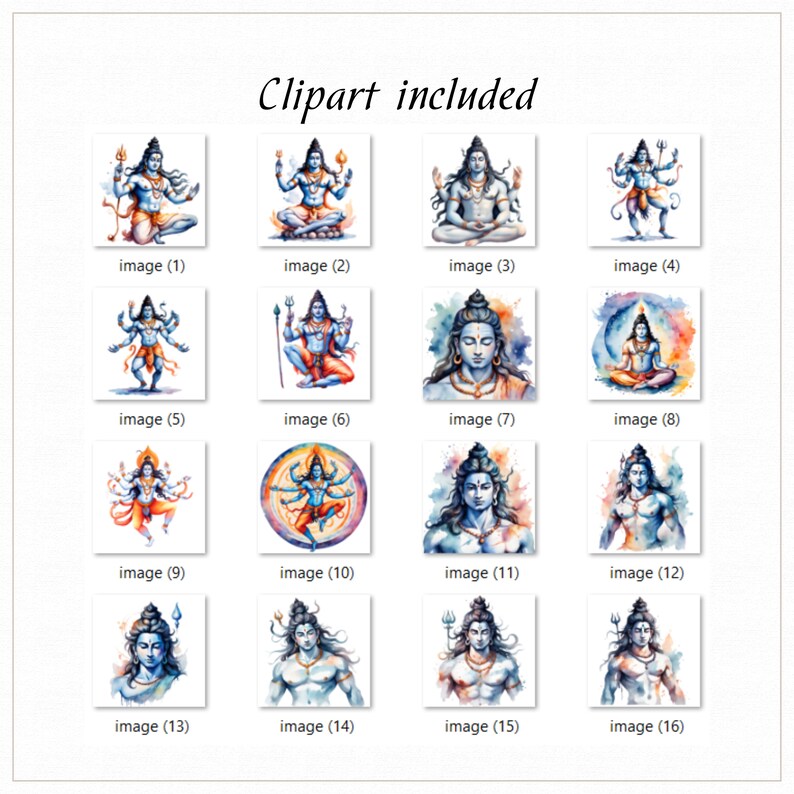 May include: A set of 16 watercolor illustrations of Shiva, a Hindu deity, in various poses and with different attributes. The illustrations are in shades of blue, green, and orange.