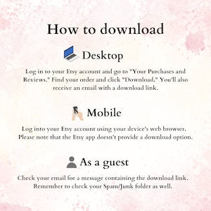 K&ouml;nnte beinhalten: Eine Grafik mit Anweisungen zum Herunterladen eines digitalen Kaufs von Etsy. Die Grafik zeigt einen Computer, ein Mobiltelefon und ein Personensymbol. Der Text erkl&auml;rt, wie Sie den Kauf von einem Desktop-Computer, einem Mobiltelefon oder als Gast herunterladen k&ouml;nnen.