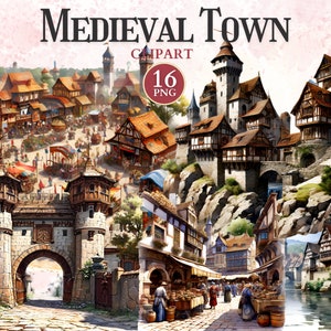 Mittelalterliche Stadt Clipart, Fantasy Stadt, Dorf Clipart, Mittelalterliches Bild, Mittelalter, Historisches Png, Schrottbuch
