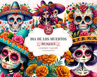 May include: A digital clipart bundle of 36 Day of the Dead themed images. The images feature colourful sugar skulls with floral accents and traditional Mexican clothing. The text "Dia de los Muertos Bundle" is displayed in a pink banner.