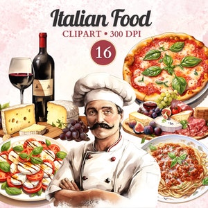 Italian Food Clipart, Pasta Clipart, Spaghetti, Wine and Cheese, Pizza Clipart, Cooking Clipart, Food Vector, Dinner Clipart