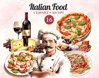 Italienisches Essen Clipart, Pasta Clipart, Spaghetti, Wein und Käse, Pizza Clipart, Kochen Clipart, Essen Vektor, Abendessen Clipart