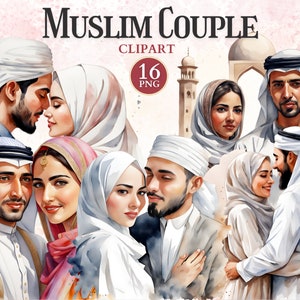 Clipart de pareja musulmana, boda árabe, novia musulmana, diseño islámico, mezquita, vector islámico, arabesco, Eid Mubarak