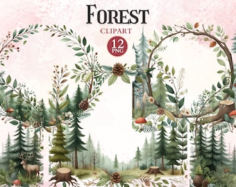 Forest Frame Clipart, Enchanted Forest, Printable Greenery Frame Png, Nature Woodland Wreath, Border Clipart, Sublimation Design