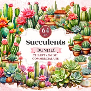 Paquete de imágenes prediseñadas de suculentas, gráficos de primavera, diseños de jardines, imágenes de cactus, acuarela de cactus, arte digital suculento
