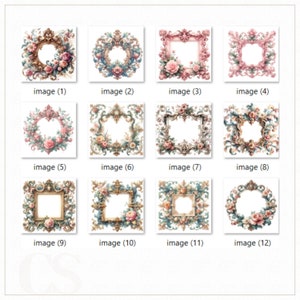 Puede incluir: Doce marcos ornamentados con adornos florales. Los marcos son de varios colores, incluyendo rosa, dorado y azul. Los marcos son todos cuadrados y tienen un dise&ntilde;o simple y elegante.