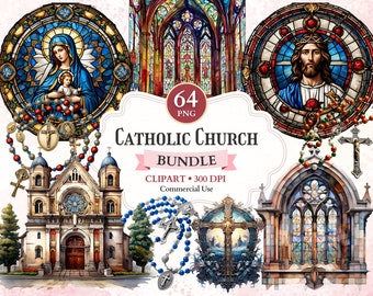 Katholische Kirche Clipart Bundle, Kirche Png, Glasmalerei, Rosenkranz Clipart, Kreuz Vektor, Kreuz Silhouette