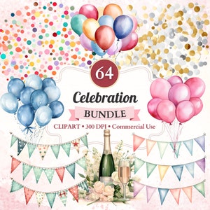Feier Clipart, Bundle, Champagner, Ballon, Konfetti, Wimpelkette, Party, Frohes Neues Jahr Png, Geburtstag Clipart, Babyshower