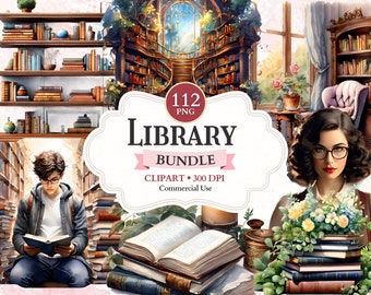Library Clipart Bundle, Book Clipart, Book Worm, Bookish Png, Study Png, Bookshelf Png, Reading Nook, Educational, Literature