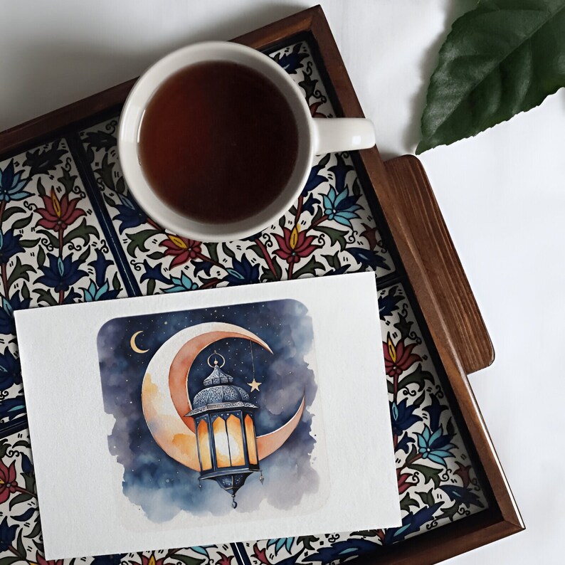 May include: A watercolor painting of a crescent moon with a lantern hanging from it. The moon is a light orange color and the lantern is a dark blue with a yellow glow. The background is a dark blue with white stars.