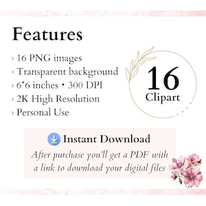 May include: A digital clipart set featuring 16 images of floral designs. The images are 6 inches by 6 inches and have a transparent background. The clipart is high resolution and perfect for personal use. The text "16 Clipart" is displayed in a gold circle with a floral design.