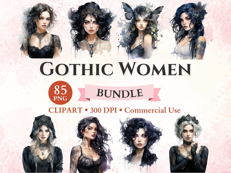 K&ouml;nnte beinhalten: Ein digitales Clipart-Paket mit 85 Illustrationen von Gothic-Frauen. Die Bilder zeigen Frauen mit dunklen Haaren, dunklen Kleidern und Gothic-Accessoires. Die Bilder sind im PNG-Format und haben eine Aufl&ouml;sung von 300 DPI. Das Paket ist f&uuml;r kommerzielle Zwecke bestimmt.