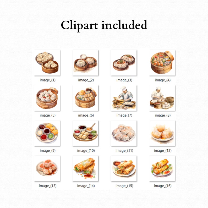 Puede incluir: Un conjunto de 16 ilustraciones de acuarela de varios platos chinos de dim sum, incluyendo bollos al vapor, alb&oacute;ndigas, rollitos de primavera y salsas para mojar. Las ilustraciones son de estilo realista y presentan colores vibrantes.