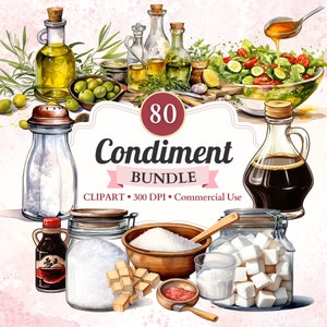 Puede incluir: Una ilustración de acuarela de 80 imágenes de clipart de condimentos diferentes. La imagen presenta una variedad de condimentos, incluyendo sal, azúcar, aceite, vinagre y salsa de soja. La imagen es perfecta para usar en proyectos de temática culinaria.