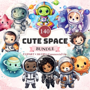 Cute Space Clipart Bundle, Watercolor, Kawaii Space, Galaxy Clipart, Universe, Png, Outer Space, Adventures, Graphics, Party, Commercial Use