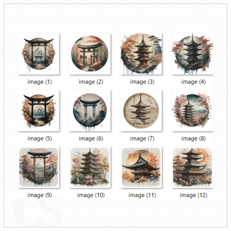 Pode incluir: Uma cole&ccedil;&atilde;o de doze ilustra&ccedil;&otilde;es em aquarela com elementos arquitet&ocirc;nicos japoneses. As imagens retratam port&otilde;es torii, pagodes e paisagens, com uma paleta de cores marrons, laranjas e azuis. Cada imagem &eacute; rotulada com a palavra "image" seguida por um n&uacute;mero.