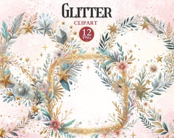 Glitter Frame Clipart, Printable Gold Photo Frames Png, Picture Ornament, Decorative Borders Clipart, Sublimation Design, Wedding Invitation