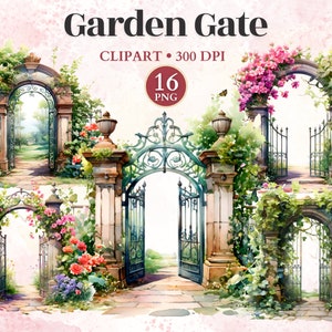 Clipart de portão de jardim, jardim secreto, impressão de campo de flores, vetor de flores, clipart de estufa, designs de jardinagem