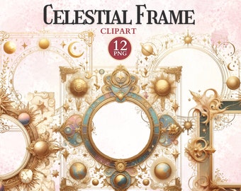 Imágenes prediseñadas de marco de oro celestial, marcos imprimibles de fantasía png, cuento de hadas, png caprichoso, imagen ornamentada, imágenes prediseñadas de bordes, diseño de sublimación