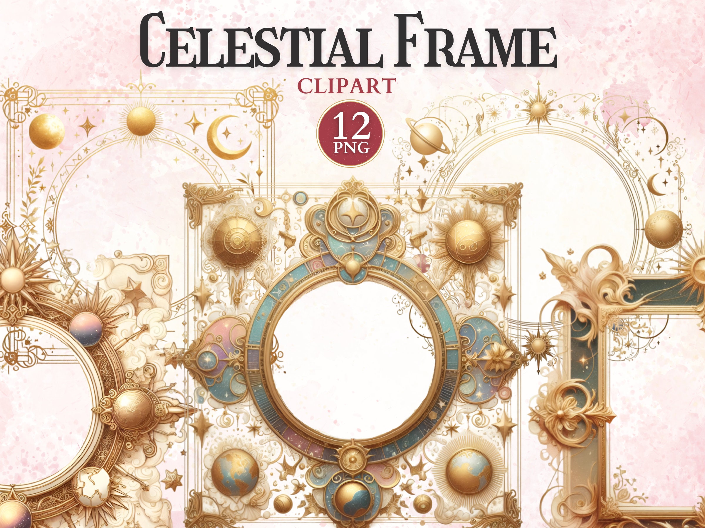 Celestial Gold Frame Clipart, Fantasy Printable Frames Png, Fairy