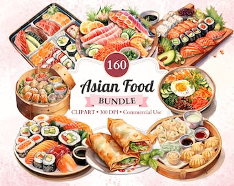 Peut inclure: Une illustration aquarelle de 160 images clipart de nourriture asiatique. Les images comprennent des sushis, des boulettes, des rouleaux de printemps et du bibimbap. Les images sont en haute résolution et parfaites pour un usage commercial.