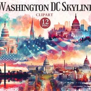 Clipart Skyline di Washington DC, Campidoglio, Silhouette della città, Clipart bandiera USA, Washington Vector, Distretto di Columbia