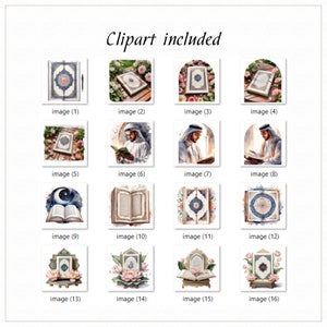 May include: A collection of 16 digital clipart images featuring illustrations of open books with intricate designs, including floral patterns, Arabic calligraphy, and a crescent moon. The images are perfect for creating Islamic-themed crafts, invitations, and other projects.