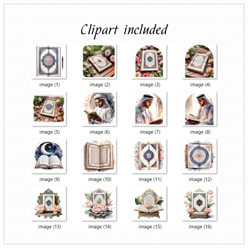 May include: A collection of 16 digital clipart images featuring illustrations of open books with intricate designs, including floral patterns, Arabic calligraphy, and a crescent moon. The images are perfect for creating Islamic-themed crafts, invitations, and other projects.