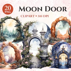 Moon Door Clipart, Magic Door Clipart, Celestial Clipart, Moon Png, Watercolor Moon, Fantasy Clipart, Transparent Png, Instant Download