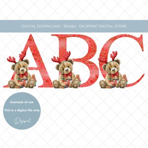 Alfabeto navideño digital PNG, Navidad para niños 26 letras del alfabeto reno oso con tren navideño Clipart, Alfabeto de oso clipart de vacaciones