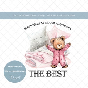 Sleepovers at Grandparents are the best, girls sleepover teddy transfer image, pink girl birthday sublimation PNG digital download, pj image