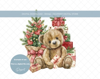 Christmas Watercolour Teddy PNG: Holiday Bear Clipart (Digital Download)