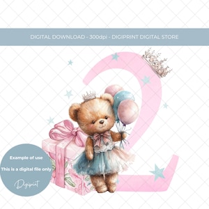 Teddy wearing crown birthday number two 2nd birthday image, Girls 2nd birthday sublimation PNG clipart digital download, teddy 2nd birthday