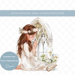 Primera comunión PNG, imagen de primera comunión de niña, diseño de sublimación de primera comunión, gráfico digital de niña rezando con rosario