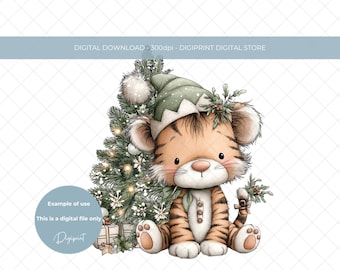 水彩画風変わりなクリスマスタイガー PNG：ホリデータイガークリップアート（デジタルダウンロード）