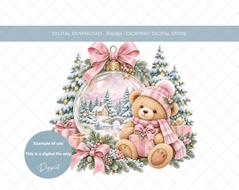 Christmas Bauble PNG, Baby First Christmas Clipart, Soft Pastel Pink Snowy Holiday Sublimation Design, Christmas Bear PNG (Digital download)