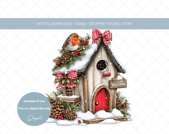 Christmas Robin Birdhouse PNG, Winter Birdhouse Clipart, Rustic Snowy Holiday Sublimation Design, Red Plaid Bow (Digital download)