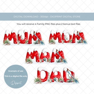 Familie Weihnachten Gedenkstätte Mama Mom Mam Dad verschneite Weihnachtsgarten Szene mit Rotkehlchen digitaler Download für Druckkartenherstellung Andenken PNG Clipart