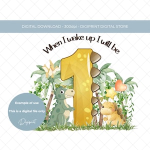 Baby eerste verjaardag nummer één afbeelding 1e verjaardag, als ik wakker word, ben ik jarig PJ dinosaurus digitale download clipart png, babydieren