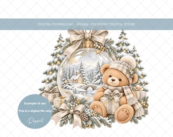 Christmas Bauble PNG, Baby First Christmas Clipart, Soft Neutral Snowy Holiday Sublimation Design, Christmas Bear PNG (Digital download)