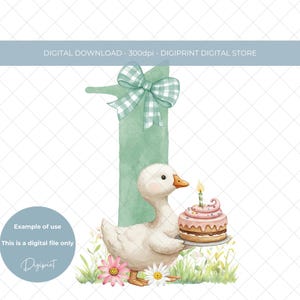 Cute silly goose 1st birthday digital PNG clipart, Baby first birthday number one cottage core image, baby goose 1st birthday card design