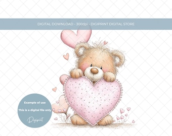 母の日ベア PNG、愛のクリップアート ハートの花のクリップアート（デジタルダウンロード）