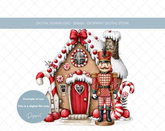 Christmas Nutcracker Gingerbread House PNG, Candy Cane Holiday Clipart (Digital Download)