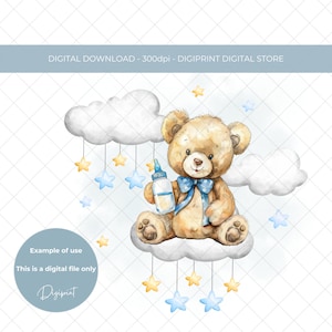 Nuage aquarelle et étoiles pour bébé garçon sublimation PNG, nouveau design de carte de bébé garçon, impression numérique transfert nouveau bébé, impression chambre d'enfant PNG