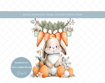 イースターのにんじんガーランドのウサギのクリップアート、水彩ウサギの昇華PNG（デジタルダウンロード）