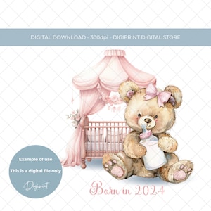 Né en 2024 bébé fille aquarelle nounours sublimation PNG, nouveau design de carte de bébé fille, nouveau bébé transfert impression numérique, impression chambre d'enfant PNG